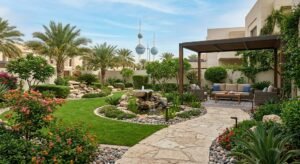 مصممون وفنيون زراعيون يقومون بترتيب وتجميل المساحات الخضراء وتركيب العشب الصناعي وزراعة النباتات المتنوعة ضمن أعمال تنسيق حدائق العقيله بالكويت لضمان توفير بيئة خارجية جذابة ومريحة تتناسب مع الديكورات المنزلية