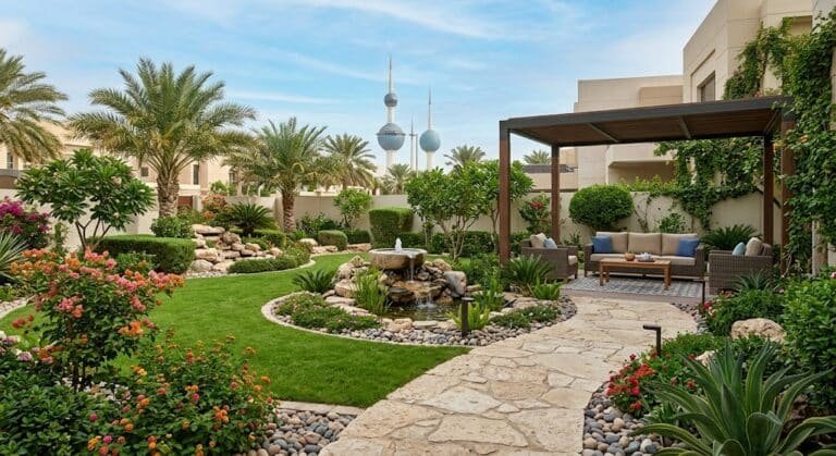 مصممون وفنيون زراعيون يقومون بترتيب وتجميل المساحات الخضراء وتركيب العشب الصناعي وزراعة النباتات المتنوعة ضمن أعمال تنسيق حدائق العقيله بالكويت لضمان توفير بيئة خارجية جذابة ومريحة تتناسب مع الديكورات المنزلية
