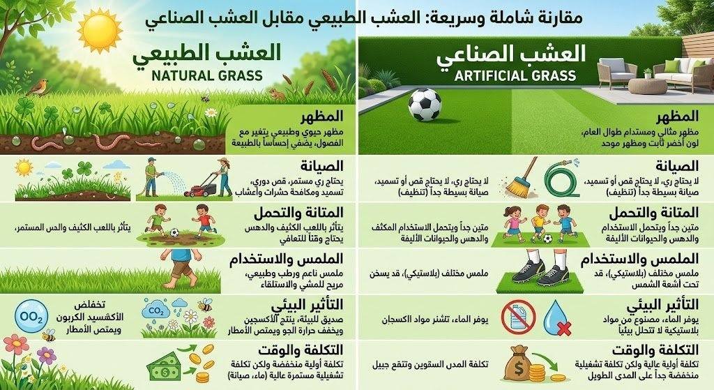 مقارنة سريعة وشاملة بين العشب الطبيعي والصناعي