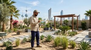 مهندس لاندسكيب ومختص زراعي يتحدث عبر الهاتف لترتيب موعد زيارة وتصميم حديقة منزلية فاخرة في الكويت