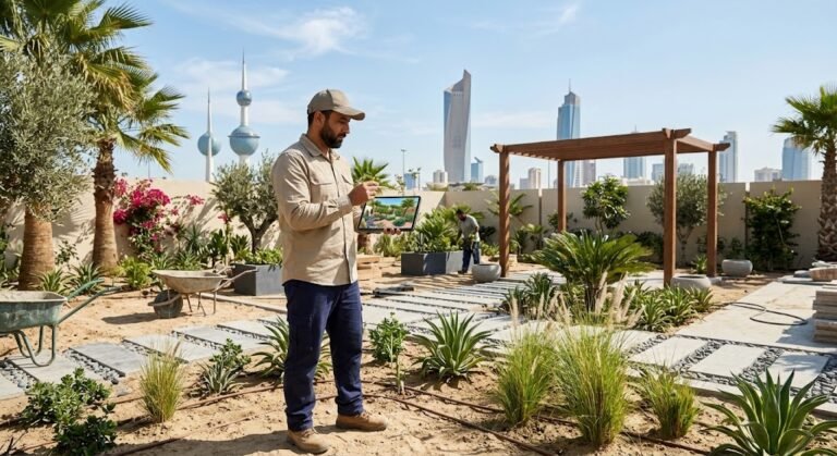 مهندس لاندسكيب ومختص زراعي يتحدث عبر الهاتف لترتيب موعد زيارة وتصميم حديقة منزلية فاخرة في الكويت