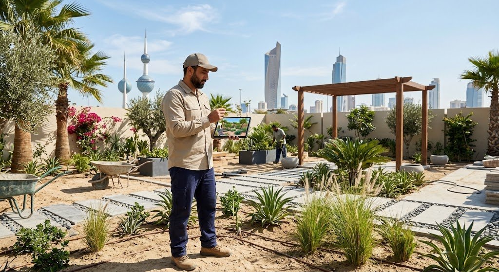 مهندس لاندسكيب ومختص زراعي يتحدث عبر الهاتف لترتيب موعد زيارة وتصميم حديقة منزلية فاخرة في الكويت