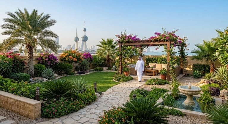 مساحات خضراء منسقة وأشجار زينة مع تصميمات ممرات عصرية وشلالات مائية ضمن أعمال تنسيق حدائق ابوالحصاينه بالكويت لضمان بيئة طبيعية راقية وتجميل الجلسات الخارجية