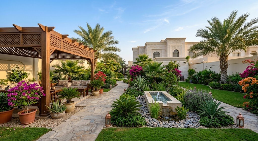 مهندس زراعي يشرف على أعمال تنسيق حدائق الخيران بالكويت عبر ترتيب أحواض النباتات وتركيب العشب الصناعي داخل شاليه لضمان إطلالة طبيعية مريحة