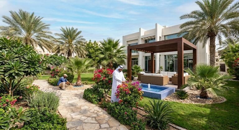 فني متخصص يقوم بأعمال تنسيق وتجميل الحدائق باحترافية ضمن خدمات تنسيق حدائق الدعية بالكويت